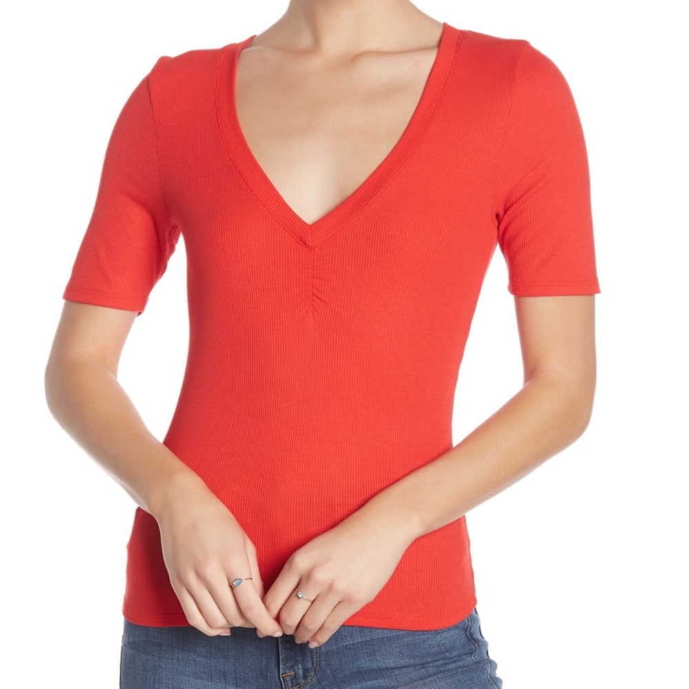 PST Ribbed Ruched V-Neck Short sleeves Top